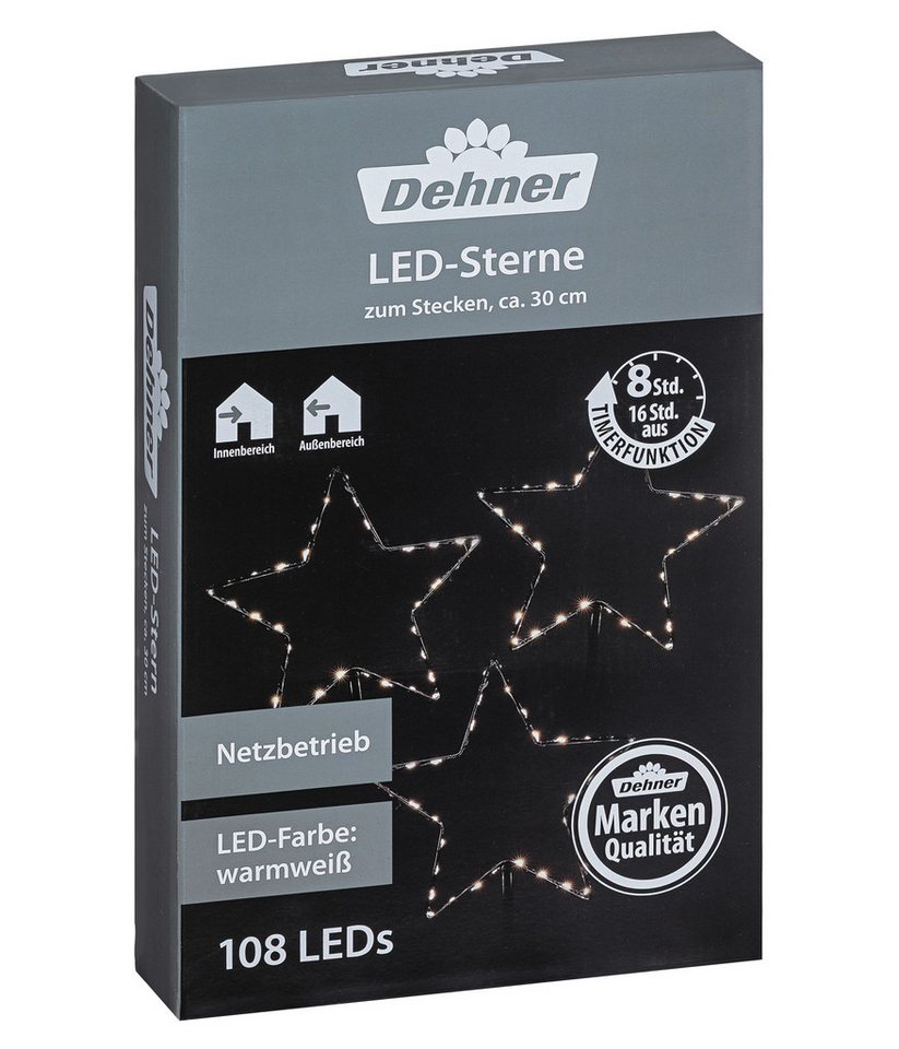 Dehner Lichterkette LED Sterne 3tlg. zum Stecken, 108 LED, Metall, schwarz, Innen und Außen, Schutzart IP 44, inkl. Timer von Dehner