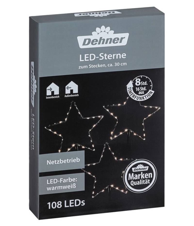 Dehner Lichterkette LED Sterne 3tlg. zum Stecken, 108 LED, Metall, schwarz, Innen und Außen, Schutzart IP 44, inkl. Timer von Dehner