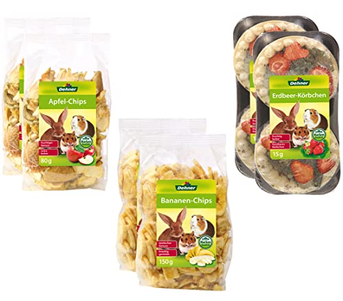 Dehner Lieblinge Nagerfutter, Nagersnack aus natürlichen Zutaten, Obst Mix, je 2 x Apfel-Chips (160 g), Bananen-Chips (300 g) und Erdbeer-Körbchen (30 g) (490 g) von Dehner