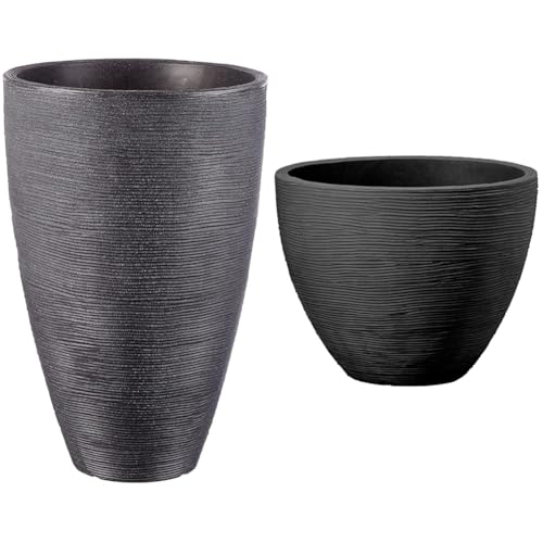 Dehner Pflanzvase Vino, Ø 40 cm, Höhe 60 cm, Kunststoff, anthrazit & Pflanztopf San Diego, Ø 40 cm, Höhe 31 cm, Kunststoff, anthrazit von Dehner