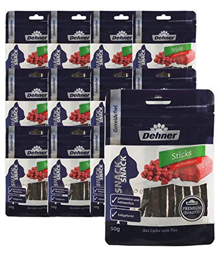 Dehner Premium Katzensnack, Leckerli getreidefrei / zuckerfrei, für ausgewachsene / sensible Katzen, Rindfleisch-Sticks, 12 x 50 g (600 g) von Dehner