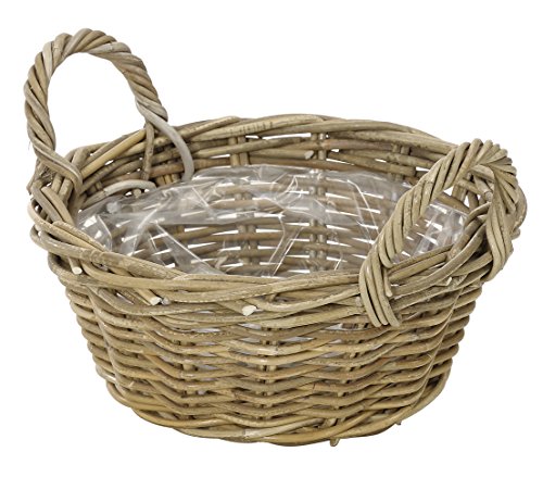 Dehner Rattan Pflanzschale mit Henkel, Ø 26 cm, Höhe 12 cm, Rattangeflecht, grau/braun von Dehner