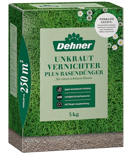 Dehner Unkrautvernichter plus Rasendünger | NPK-Dünger, Mischdünger, Unkrautvernichtung | Chlorarm | Kalium | sicher gegen Unkraut | Langzeitwirkung | 2 in 1 | Markenqualität | für ca. 250 qm von Dehner