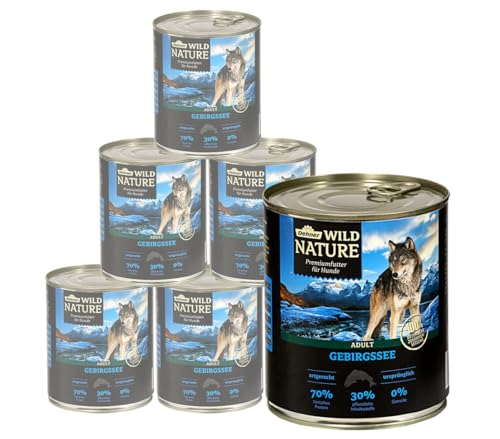 Dehner Wild Nature Hundefutter Gebirgssee, Nassfutter getreidefrei / zuckerfrei, für ausgewachsene Hunde, Lachs / Huhn, 6 x 800 g Dose (4.8 kg) von Dehner