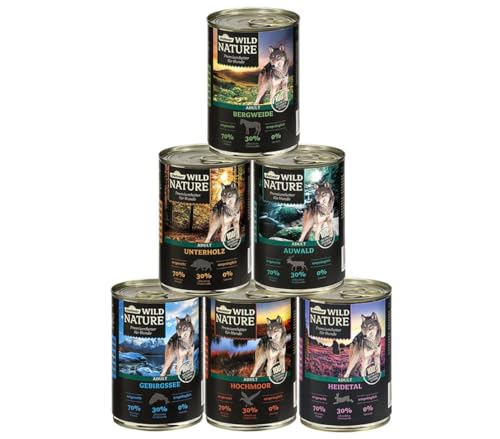 Dehner Wild Nature Hundefutter Probier-Set, Nassfutter getreidefrei / zuckerfrei, für ausgewachsene Hunde, Ente / Pferd / Wild / Kaninchen, 6 x 400 g Dose (2.4 kg) von Dehner