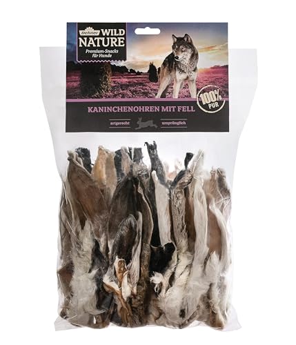Dehner Wild Nature Hundesnack, Premium Hundeleckerli glutenfrei / zuckerfrei, Kausnack für ernährungssensible Hunde, Kaninchenohren mit Fell, 500 g von Dehner