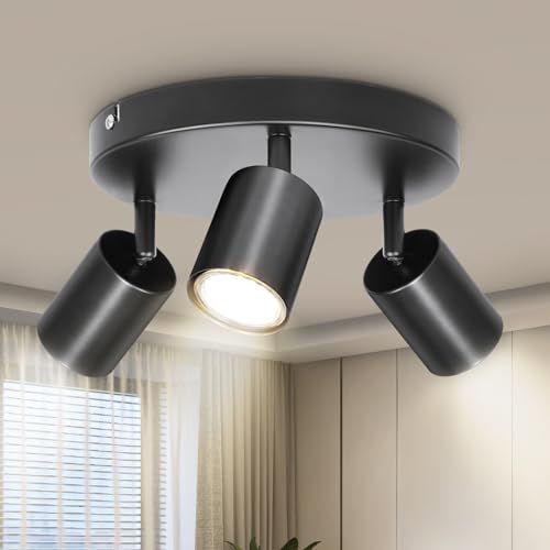 Dehobo Led Deckenstrahler 3 Flammig Rund Schwarz 350° - Spotleuchte GU10 Schwenkbar - Deckenlampe Spots Led Vintage Deckenspot für Wohnzimmer Schlafzimmer Küche - Nein GU10 Leuchtmittel von Dehobo