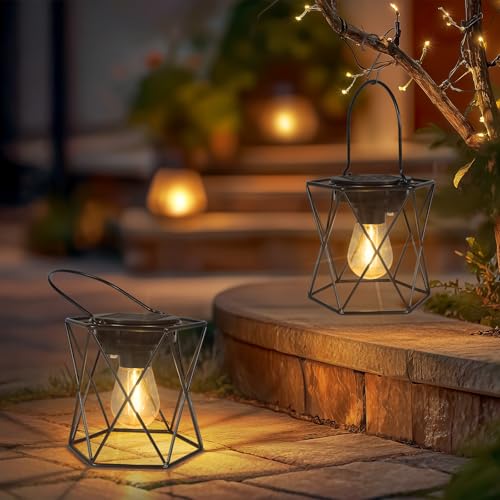Dehobo Solarlampen für Außen Hängend/Stehend 2 Stück - X-Form Solar Lampions Außen Wetterfest - Solar Laternen mit LED Glühbirne Warmweiss für Gartendeko, Balkon, Terassendeko, Camping Lampe von Dehobo