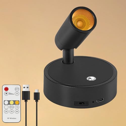Dehobo USB Aufladbar Akku Spotlight mit Fernbedienung - Wandspots 3 Farbtemperaturen Dimmbar - 350° Drehbare Wandlampe Bilderleuchte Kabellos mit Timing Funktion für Schlafzimmer, Studie, Büro, 1 Pack von Dehobo