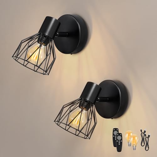 Dehobo Wandleuchte Innen 2er Aufladbare, Retro Wandlampe mit Akku E14 Glühbirne, Dimmbare Wandlicht mit 3 Lichtfarben und Fernbedienung für Wohnzimmer, Schlafzimmer, Flur, Balkon, Treppenhaus von Dehobo