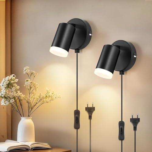 Dehobo Wandleuchte mit Stecker und Schalter - LED Wandlampe Innen GU10 Matt Schwarz Rund Drehbare 350°- Wandleuchte mit Kabel für Schlafzimmer Studie Büro - Ohne Leuchtmittel - 2 Stück von Dehobo