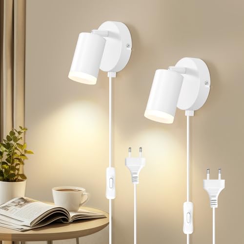 Dehobo Wandleuchte mit Stecker und Schalter - LED Wandlampe Innen GU10 Matt Weiß Rund Drehbare 350°- Wandleuchte mit Kabel für Schlafzimmer Studie Büro - Ohne Leuchtmittel - 2 Stück von Dehobo