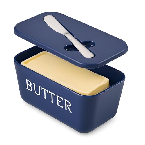 Butterdose mit Deckel und Messer, BPA-freier, lebensmittelechter Kunststoff, Butterbehälter mit Deckel für Zuhause, Coutertop und Kühlschrank, blauer Butterhalter von Dehov