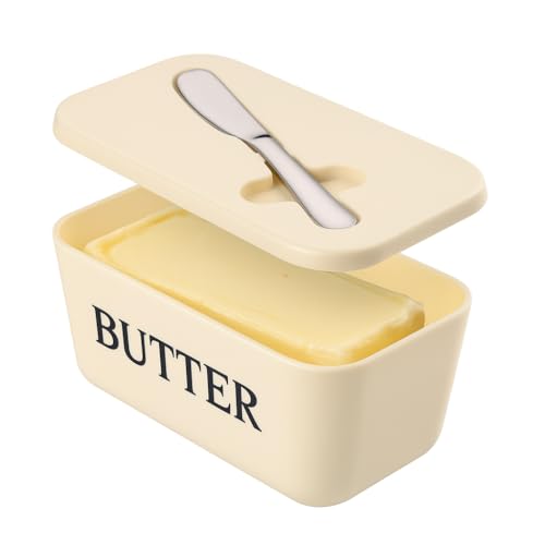 Butterdose mit Deckel und Messer für die Küche, Lebensmittelqualität, PP-Butterhalter mit Deckel und Edelstahlmesser, großer weißer Butterhalter von Dehov