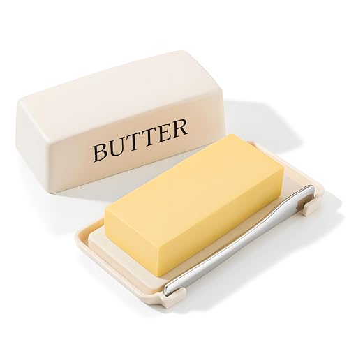 Butterhalter mit Deckel und Messer, Lebensmittelqualität Kunststoff Butterdose für Arbeitsplatte, großer Butterbehälter mit Deckel, Weiß von Dehov