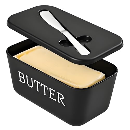 Große Kunststoff-Butterdose mit Deckel und Messer, lebensmittelechtes PP-Butterhalter mit Abdeckung für Küche, Kühlschrank, schwarzer Butterbehälter von Dehov