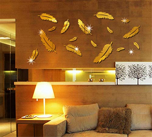 Deike Mild 16 STK Spiegel Wandaufkleber, 3D abnehmbare Feder Wandsticker Deko Wandtatoo Selbstklebend Wanddeko für Schlafzimmer Wohnzimmer Haus (Gold) von Deike Mild