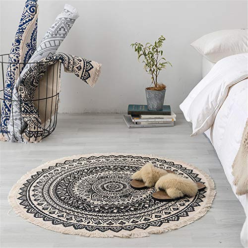 Deike Mild Mandala Runde Teppich, Bohemian Style Cotton Washable Teppich für Wohnzimmer Schlafzimmer Durchmesser 92cm (Schwarz) von Deike Mild