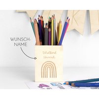 stiftebecher Holz | Schulkind Regenbogen Wunschname von DeinLieblingsteil