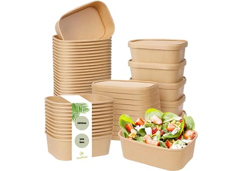 DeinPack 100 Salatschalen to go mit Deckel braun eckig 1000ml 17,3x12x7,5cm I Recycelbare Schalen Kraftkarton Verpackung mit Innenbeschichtung I Deckel aus Kraftpapier von DeinPack