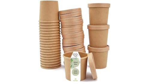 DeinPack 1000 Suppenbecher to Go mit Deckel braun 750ml 26oz mit Innenbeschichtung Suppen-Becher 1000 Bio Einweg-Becher mit Deckel | Eisbecher mit Deckel | biologisch abbaubar von DeinPack