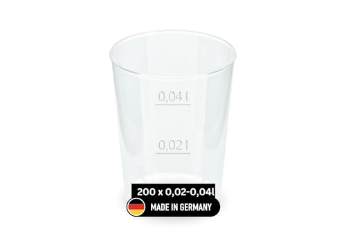 DeinPack 200 Mehrweg Schnapsbecher 2cl / 4 cl Made in Germany | Getränkebecher mit Eichstrich | wiederverwendbar | Transparent aus PP | Pinnchen 2cl / 4cl | Partybecher von DeinPack