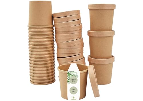 DeinPack 250 Suppenbecher to Go mit Deckel braun 360 ml 12oz mit Innenbeschichtung Suppen-Becher 250 Bio Einweg-Becher mit Deckel | Eisbecher mit Deckel | biologisch abbaubar von DeinPack