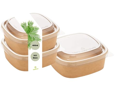 DeinPack 300 Salatschalen 400ml | to go Schalen mit Deckel braun eckig I Recycellbare Schalen Kraftkarton Verpackung mit PLA Beschichtung I Suppenschale | Eisschale | Deckel aus recyceltem PET von DeinPack