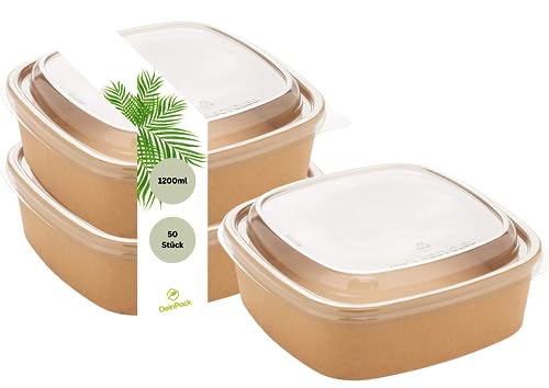 DeinPack 50 Salatschale to go mit Deckel braun eckig 1200 ml I Recycellbare Schalen Kraftkarton Verpackung mit PLA Innenbeschichtung I Deckel wurde aus recyceltem PET erstellt von DeinPack