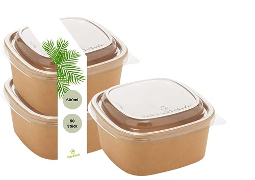 DeinPack 50 Salatschale to go mit Deckel braun eckig 600 ml I Recycellbare Schalen Kraftkarton Verpackung mit PLA Innenbeschichtung I Deckel wurde aus recyceltem PET erstellt von DeinPack