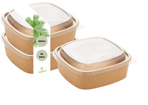 DeinPack 50 Salatschale to go mit Deckel braun eckig 900 ml I Recycellbare Schalen Kraftkarton Verpackung mit PLA Innenbeschichtung I Deckel wurde aus recyceltem PET erstellt von DeinPack