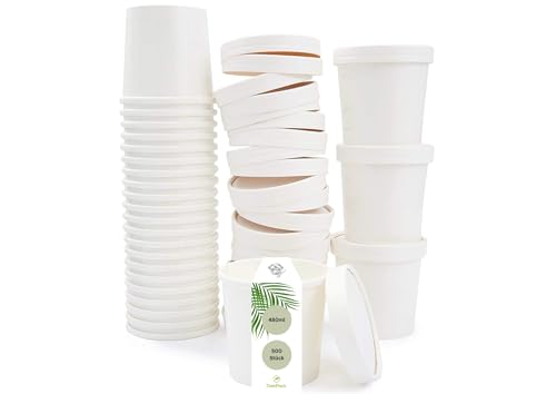 DeinPack 500 Suppenbecher 480ml 16 oz | To Go Becher mit Deckel weiß I Becher mit Innenbeschichtung | Suppen-Becher to Go Pappe I 500 Einweg-Becher mit Deckel | Eisbecher mit Deckel von DeinPack