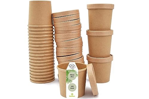 DeinPack 500 Suppenbecher mit Deckel braun 750 ml 26oz I Becher mit PLA Innenbeschichtung Suppen-Becher to Go Pappe I 500 Einweg-Becher mit Deckel | Eisbecher mit Deckel | biologisch abbaubar von DeinPack