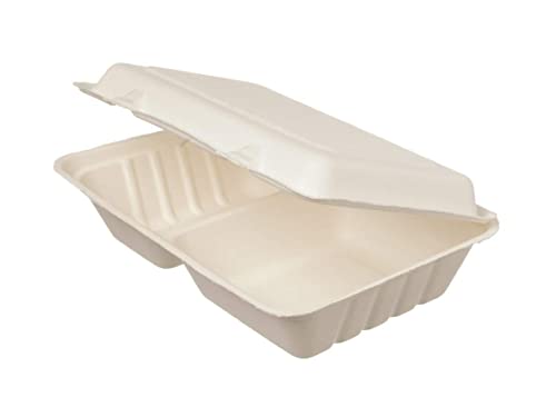 DeinPack Bio Einweg Bagasse Schalen Zuckerrohr Einweggeschirr biologisch abbaubar I Lunch-Box 2-geteilt Klappdeckel-Box Schale Kompostierbar 650 ml I 50 Menüschalen rechteckig 16x24 cm weiß von DeinPack