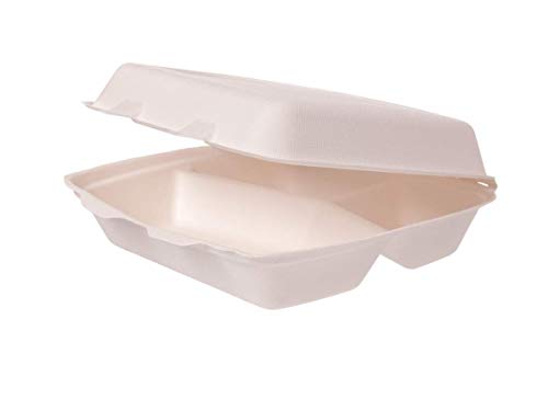 DeinPack Bio Einweg Bagasse Schalen Zuckerrohr Einweggeschirr biologisch abbaubar I Menübox 3-geteilt Klappdeckel-Box Schale Kompostierbar 1200 ml I 50 Menüschalen 236 x 231 x 81 mm weiß von DeinPack