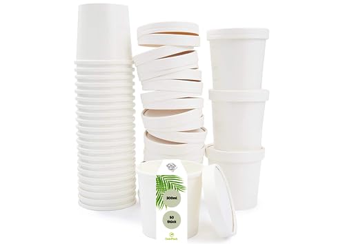 DeinPack Bio Einweg-Becher Speisebecher Papp-Becher to Go mit Deckel weiß I Kompostierbare Becher mit PLA Innenbeschichtung Suppen-Becher to Go Einweg Pappe I 50 stabile Karton-Becher 300 ml rund von DeinPack