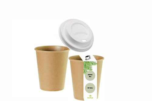 DeinPack Umweltfreundliches Kaffeebecher-Set 100 teilig | 50x Kaffeebecher 200 ml 8 oz Pappbecher braun + 50x Deckel aus Zuckerrohr I Coffee to go Einwegbecher biologisch abbaubar von DeinPack