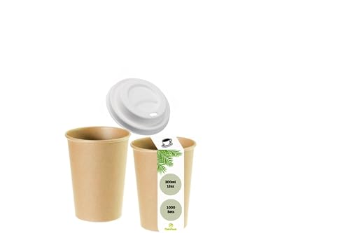 DeinPack Umweltfreundliches Kaffeebecher-Set 500 teilig | 250x Kaffeebecher 300 ml 12 oz Pappbecher braun + 250x Deckel aus Zuckerrohr I Coffee to go Einwegbecher biologisch abbaubar | Bagasse von DeinPack