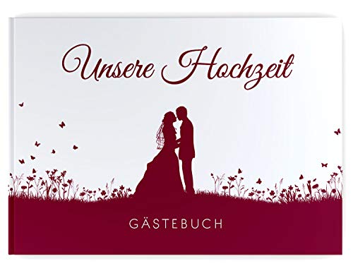 DeinWeddingshop Gästebuch Hochzeit Brautpaar, ohne Fragen blanko Hardcover hochwertig, Hochzeitsgästebuch Hochzeitsbuch Fotobuch, Leaf Couple (weinrot) von DeinWeddingshop