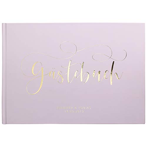 DeinWeddingshop Deluxe Hochzeitsgästebuch - personalisiert & veredelt - Gästebuch zur Hochzeit, Hardcover in Gold, Rosé-Gold, Silber oder Kupfer, A4 quer (Inhalt mit Fragen, Pastell-rosa) von DeinWeddingshop