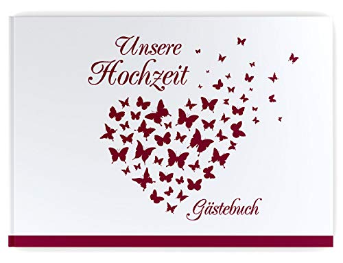 DeinWeddingshop Gästebuch Hochzeit Schmetterling - Hardcover, mit Fragen, A4 Quer, Butterfly Heart (weinrot) von DeinWeddingshop