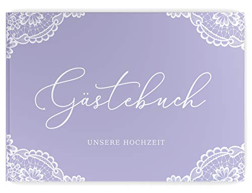 DeinWeddingshop Gästebuch Hochzeit - Vintage Romantic Spitze - Hochzeitsgästebuch Fotobuch, Hardcover A4 quer ohne Fragen (Flieder) von DeinWeddingshop