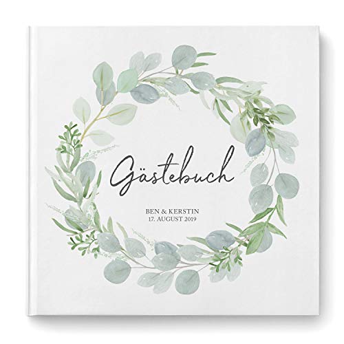 DeinWeddingshop Gästebuch Hochzeit - personalisiert - Hochzeitsgästebuch, Hardcover 21x21 cm (Inhalt mit Fragen, Eucalyptus Green Love) von DeinWeddingshop