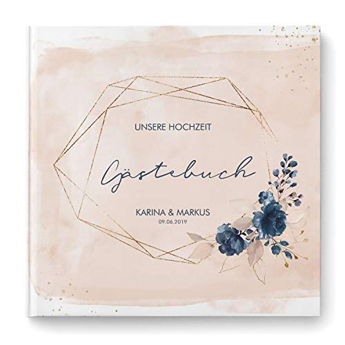 DeinWeddingshop Gästebuch Hochzeit - personalisiert - Hochzeitsgästebuch, Hardcover 21x21 cm (Inhalt mit Fragen, Watercolor Breeze Rosé) von DeinWeddingshop