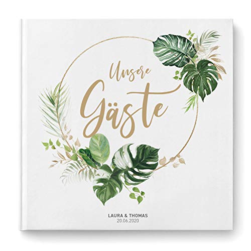 DeinWeddingshop Gästebuch Hochzeit - personalisiert - Hochzeitsgästebuch, Hardcover 21x21 cm (Inhalt mit weißen Seiten, Monstera Leaf, rund) von DeinWeddingshop