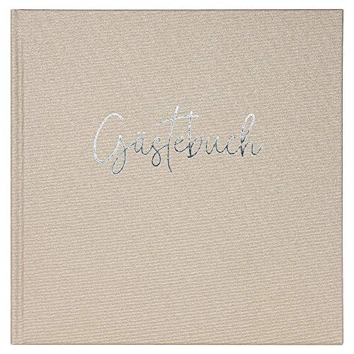 DeinWeddingshop Gästebuch Premium Buchbinder-Leinen, Leineneinband mit Prägung - Hardcover 21x21cm, 104 Seiten / 52 Blatt (Beige, Inhalt: mit Einleitung & Fragen) von DeinWeddingshop