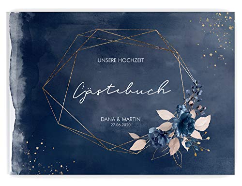 DeinWeddingshop Gästebuch zur Hochzeits - PERSONALISIERT mit Namen & Datum - Hardcover Buch, 104 Seiten, DIN A4 quer | Hochzeitsgästebuch (Inhalt mit Fragen, Watercolor Breeze Blau) von DeinWeddingshop