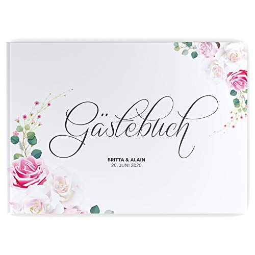 DeinWeddingshop Gästebuch zur Hochzeits - PERSONALISIERT mit Namen & Datum - Hardcover Buch, 104 Seiten, DIN A4 quer | Hochzeitsgästebuch (Inhalt weiße Seiten - blanko, Wild Rose) von DeinWeddingshop