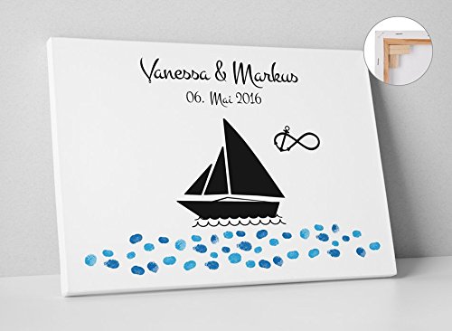 DeinWeddingshop Wedding Fingerprint Fingerabdruck - Leinwand zur Hochzeit - PERSONALISIERT – Maritim Schiff Segel-Boot von DeinWeddingshop
