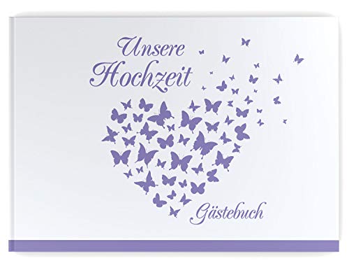 Gästebuch Hochzeit - Hardcover, ohne Fragen, A4 quer, Butterfly Heart (flieder/lila) von DeinWeddingshop